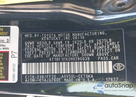 2017 Toyota Camry Se z USA, uszkodzony, nr VIN 4T1BF1FK2HU280039